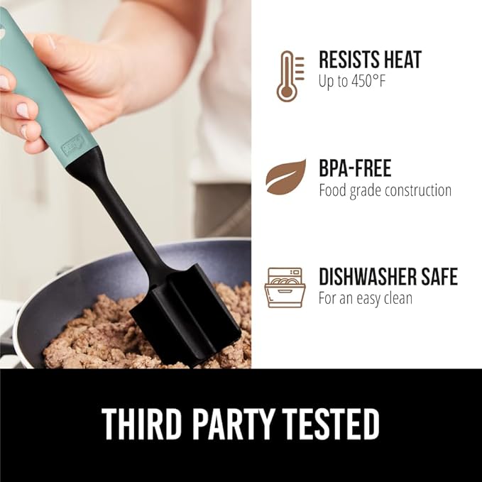 GORILLA GRIP Patented Heat Resistant Meat Chopper, Soft Handle, Nonstick Hamburger Smasher, Break Apart Food, Safe on All Cookware Ground Beef Grinder, Non Scratch Potato Masher Kitchen Tool, Mint