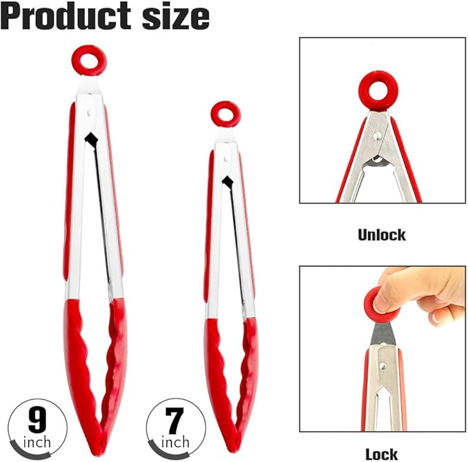 Kitchen Tongs 2 Pcs Tongs for Cooking 7 Inch 9 Inch Red Silicone Tongs Stainless Steel Locking Food Tong with Non-Slip Silicone Tips Heat Resistant Serving Tong for BBQ Grilling Salad Kitchen Utensil