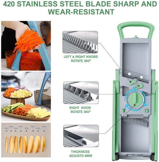 Upgraded Version All-in-1 Mandoline Slicer for Kitchen & Adjustable Mandolin, Vegetable Chopper, Detachable Blade, Cut Slicing, Strips, Shredding, Dicing, Chop, Kitchen Veggie Chopper