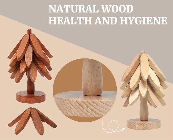Tree Shape Wooden Trivets for Hot Dishes, 4 Wooden Trivets + 1 Stand stored Like a Christmas Tree，for Easy Storage，Multifunctional Ornaments (Walnut Brown)