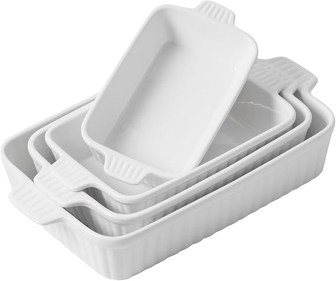 Casserole Dishes for Oven, Ceramic Baking Dishes, Porcelain Bakeware Set of 4, Rectangular Baking Pan, White Deep Lasagna Pan with Handle for Cooking, Roasting, Cake, 15.3"/12.8"/11.6"/9.8"