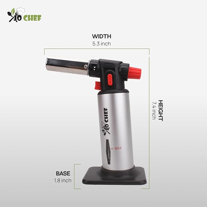 Jo Chef Kitchen Torch With Butane included, Refillable Butane Torch, Creme Brulee Torch, Blow Torch Lighter gun With Safety Lock & Adjustable Flame, 3 Cans (3.38oz) Included