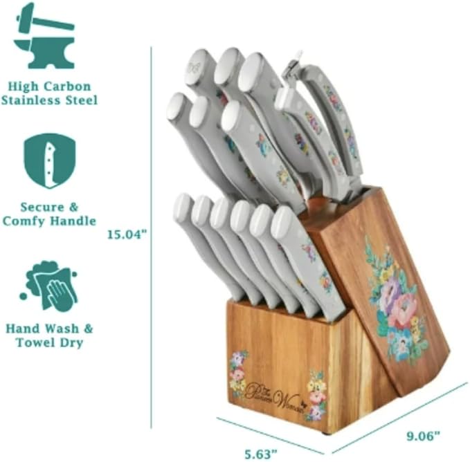Pioneer Woman 14-Piece Stainless Steel Knife Block Set, Forged High-Alloy Blades, Full-Tang Handles, Acacia Wood Gray Floral