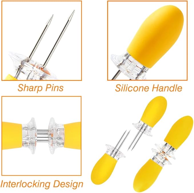 Corn Dishes and Corn Holders Set Kits, PEOUWNES Corn on The Cob Holders, Corn Cob Holders Skewers BBQ Twin Prong Holders, Includes 12 Stainless Steel Corn Holders, 6 Corn Trays and Butter Spreader