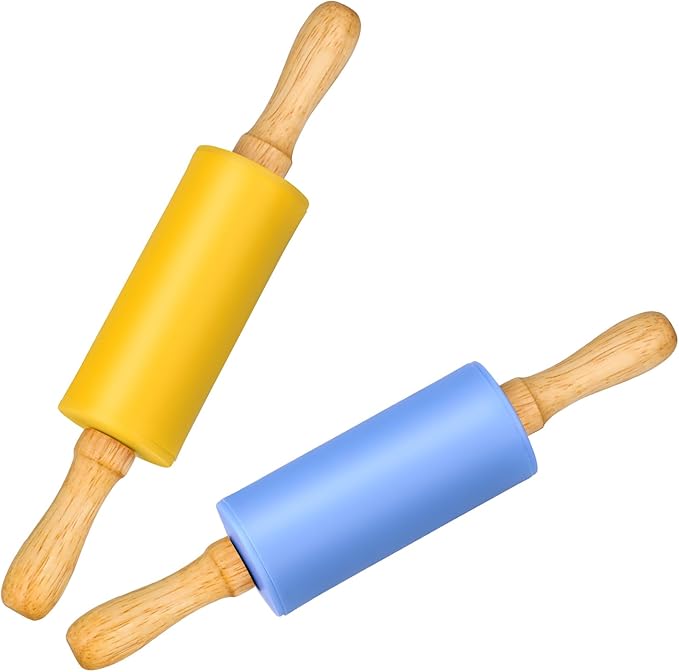 Mini Silicone Rolling Pin for Kids, Non-stick Surface Wood Handle, 9 Inch 2 Pack