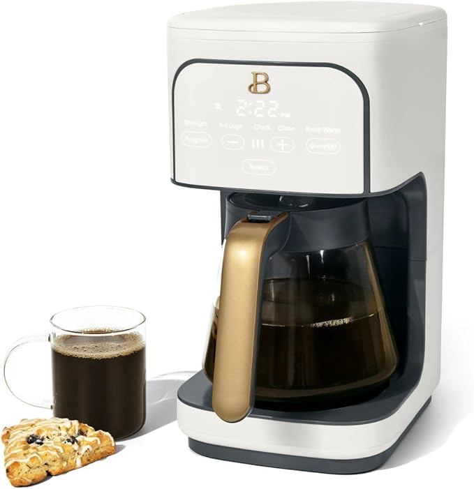 Beautiful 12-Cup Programmable Coffee Maker by Drew Barrymore, Touch-Activated Display, Auto Brew 24hr Timer, Regular/Gourmet/Bold Strength Options, Keep Warm & Auto Clean – Matte Finish (White Icing)