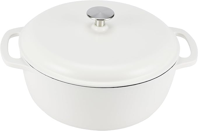 Amazon Basics Cast Iron Dutch Oven Pot with Lid, Enameled, Round, Dual Handles, Heavy-Duty, Large, 7.3-Quart, Matte White