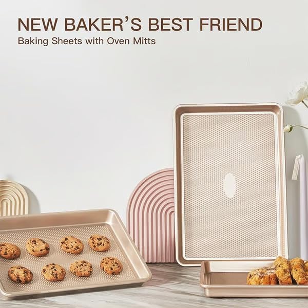 Nonstick Baking Sheet Pan Set of 3, Heavy Duty Cookie Sheets for Oven, 0.6mm Thick Quarter Size & Half Size & Jelly Roll Pan, Rustproof & Easy Clean with Textured Surface(Pink)