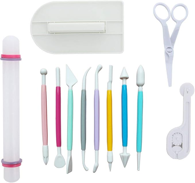 Marshmallow Fondant Cake Decorating Hand Tool 12 Pcs 5 Sets Sugarcraft Gumpaste Icing Smoother Rolling Pin Trimmer Cutter Embosser Flower Scissor Modelling Accessories Supplies Kit Multi
