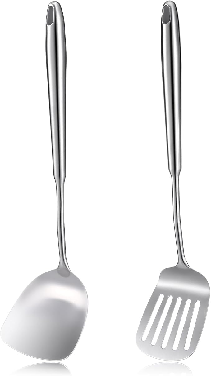2 Pack 18/10 Stainless Steel Spatula Set 15” L Metal Spatulas for Kitchen Use, Silver Slotted Turner Solid Turner Kitchen Cooking Utensils Set, Heat Resistant Dishwasher Safe Easy to Clean