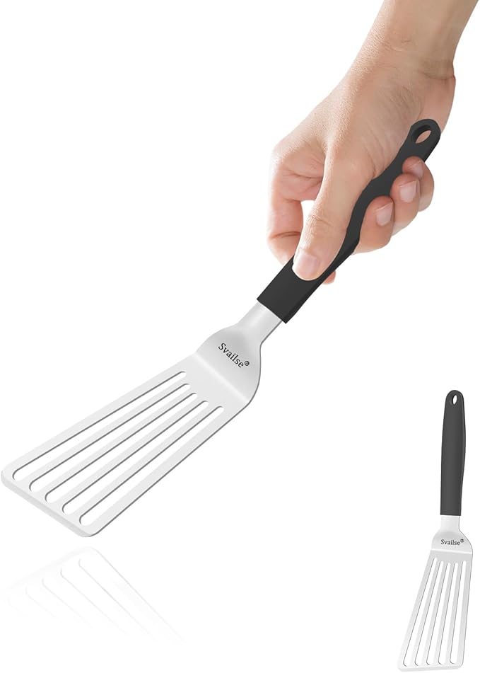 Stainless Steel Fish Spatula, 11.3 inch Metal Spatulas for Cast Iron Skillet, Kitchen Turner with Silicone Handle for Cooking, Grilling, Flipping, Egg, Cookie, Pancake and Burger (Small)