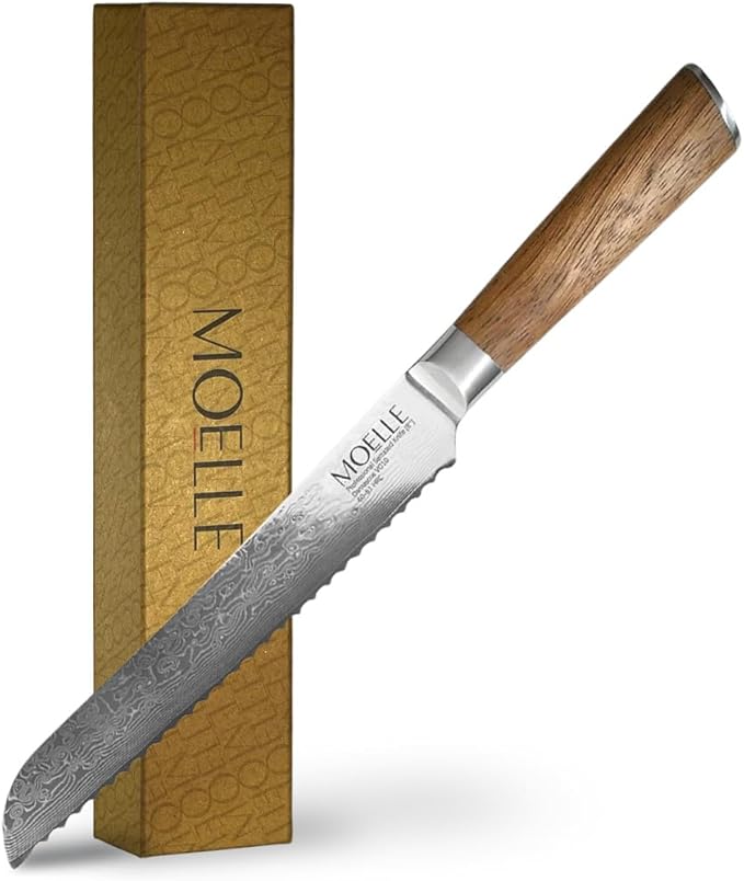 MOELLE Professional 9 Inch Serrated Knife – Kitchen Knife for Chefs/Cooks - Crafted with Damascus Steel Danish Design Ergonomic Teak Wood Handle