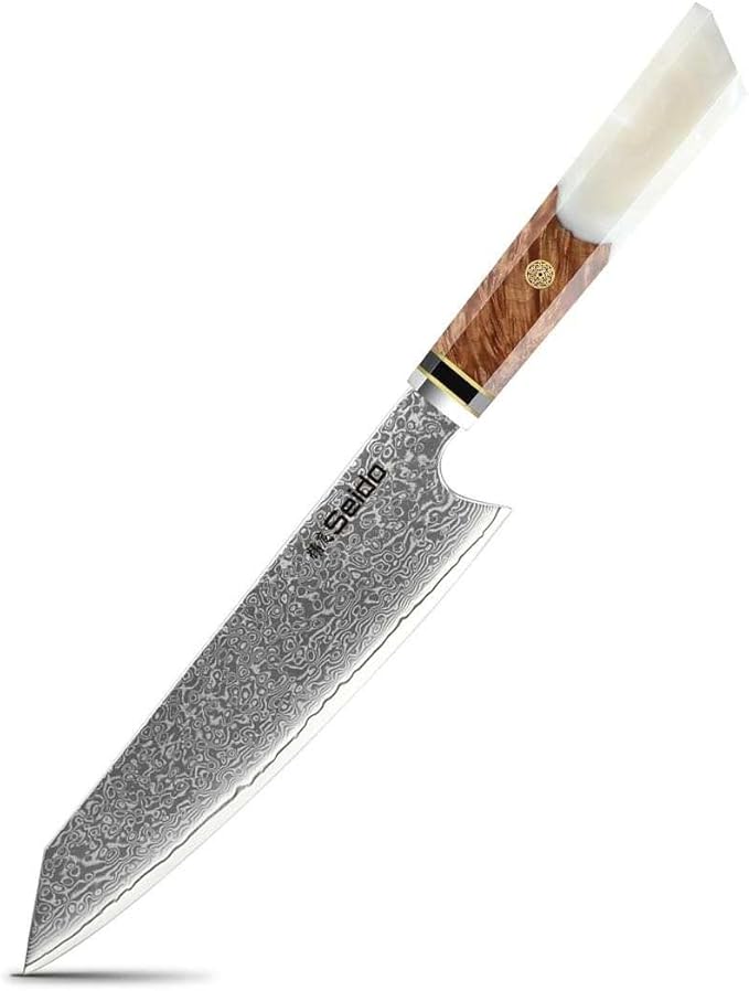 Seido Knives Kiritsuke Damascus Steel Chef Knife Epoxy Resin Stabilized Wood Handle Professional Kitchen Knife VG10 High Carbon Stainless Steel, Pearl White