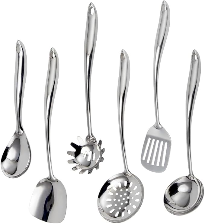 304 Stainless Steel Kitchen Utensils Set, VALESKA 6PCS Metal Cooking Utensils Set, Wok Spatula, Ladle, Skimmer Slotted Spoon, Pasta Spoon, Serving Large Ladle, Slotted Spatula Tunner