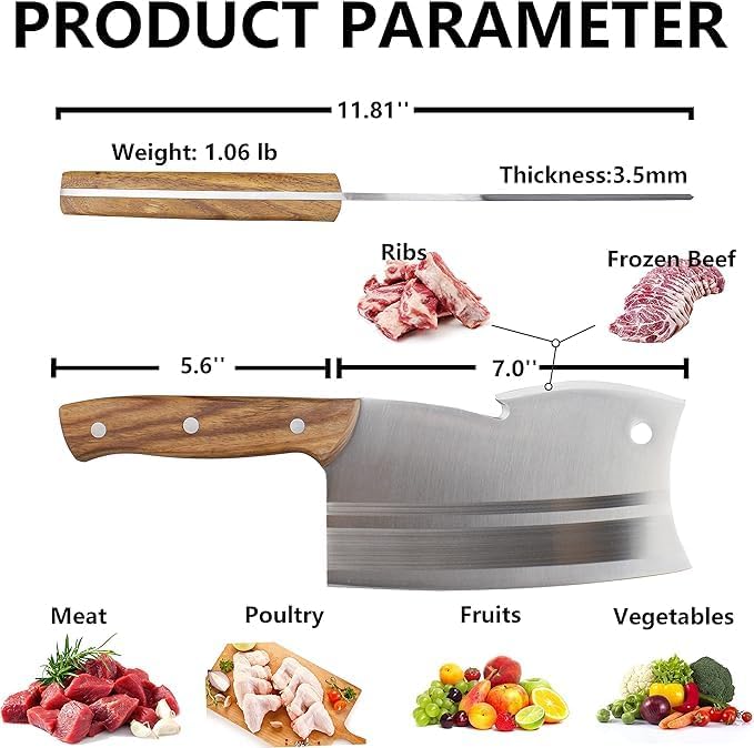 Kitory Meat Cleaver, Butcher Knife, Bone Cutter Dual Edges, Heavy Duty Kitchen Chopper Knife for Bone Meat Vegetable, Chinese Chefs Knife with Pearwood Handle, 2024 Gift for men and women.