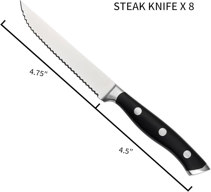 Alata 8-Piece Steak Knives Set, 4.7 Inch with Serrated Edge Razor-Sharp Dinner Knives, Full-Tang Construction, Dishwasher Safe