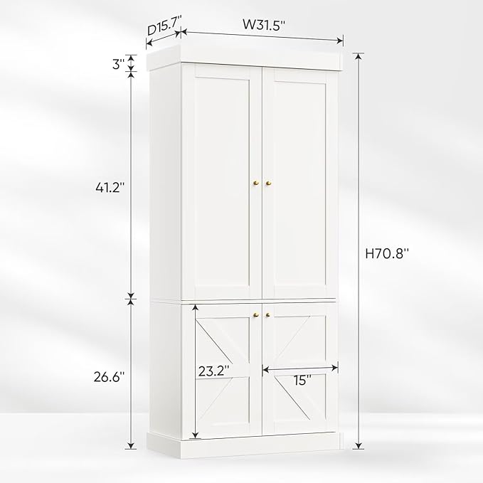70.8" Tall Farmhouse Kitchen Pantry Cabinet with Doors, Modular Storage Cabinet with 4-Tier Adjustable Shelves, White, Wooden Hutch for Kitchen, Living Room
