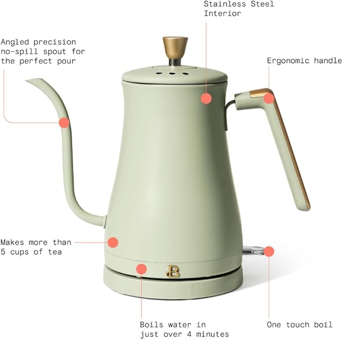 Beautiful 1L Electric Gooseneck Kettle, Precision Pour Spout, 1200W Fast Boil, Auto Shut-Off, Cordless, Stainless Steel, Tea & Coffee Maker with Ergonomic Handle, Matte Finish (Sage Green)