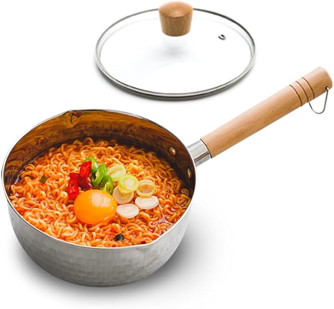 1.5 Quart Stainless Steel Pot With Glass Lid. Traditional Japanese Saucepan Wth Wood Handle, Multipurpose Sauce Pan With Two Side Pour Spouts & Measurement Line, Great for Ramen, Milk etc.