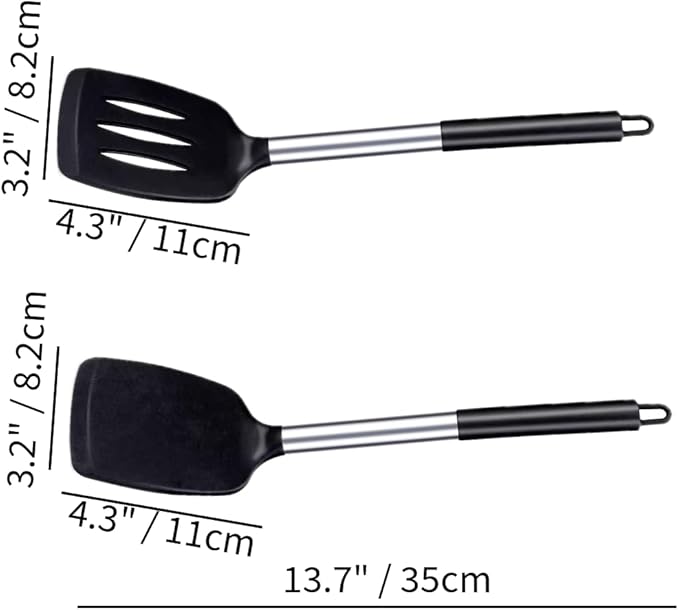 2 Pack Silicone Steel Sturdy Turner Spatula Set, Non-Stick Turner and Solid Spatula, High Heat Resistant BPA Free Cooking Kitchen Utensils - AR3T Collection - Black