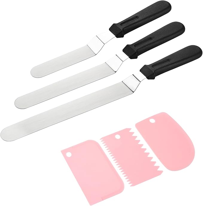 Frosting Spatula, Icing Spatula Set - 6", 8", 10" Stainless Steel Offset Cake Spatulas with Non-Slip Handle & 3 Cake Scrapers, Angled Baking & Frosting Decorating Tools