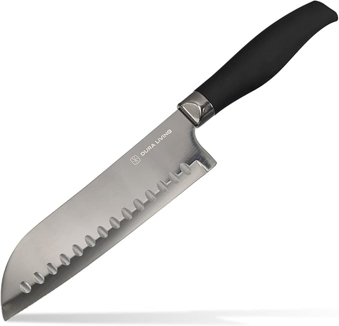 DURA LIVING Santoku Knife - 7 Inch Black Nonstick Titanium Plated Stainless Steel Ultra Sharp Blade, With Ergonomic Comfort Grip Handle Asian Chef's Knife, With Matching Sheath