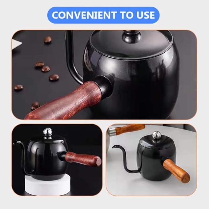 STOBOK 1Pc Japanese Style Gooseneck Coffee Kettle, 500ml Stainless Steel Drip Pot with Wooden Handle for Home, Office, Coffee Shop, Black