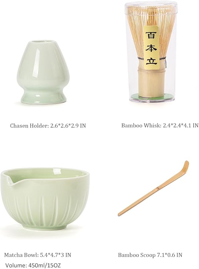 TANG PIN Matcha Set - Match Bowl with Spout and Whisk, 15 OZ, Matcha Scoop | Matcha Whisk Stand (Chasen Holder) - 4pc Perfect Matcha Kit for Matcha Tea Ceremony (Green)