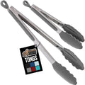GORILLA GRIP Stainless Steel Heat Resistant Kitchen Tongs for Cooking, 9 + 12 Inch, Set of 2 BBQ Tong, Non Scratch Silicone Tip for Pan, Strong Grip, Grab Food, Toss Salad, Air Fryer, Pull Lock, Gray