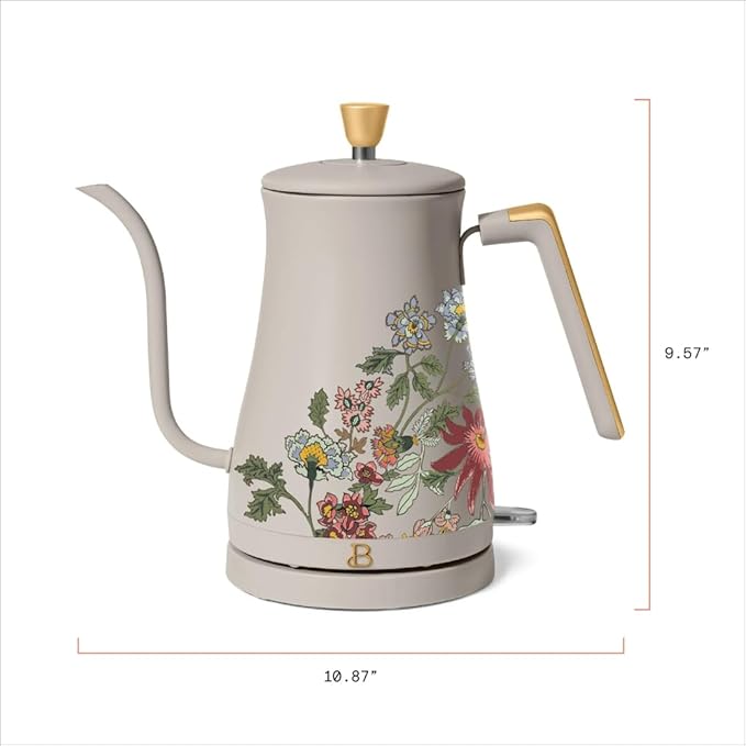 Beautiful 1L Electric Gooseneck Kettle, Precision Pour Spout, 1200W Fast Boil, Auto Shut-Off, Cordless, Stainless Steel, Tea & Coffee Maker with Ergonomic Handle, Wildflower Porcini Taupe