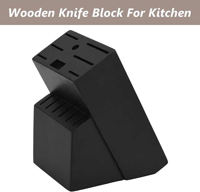 Wood Kitchen Knife Block, Universal Kitchen Knife Holder Kitchen Knife Storage Rack 14 Slots Knife Holder (Black)