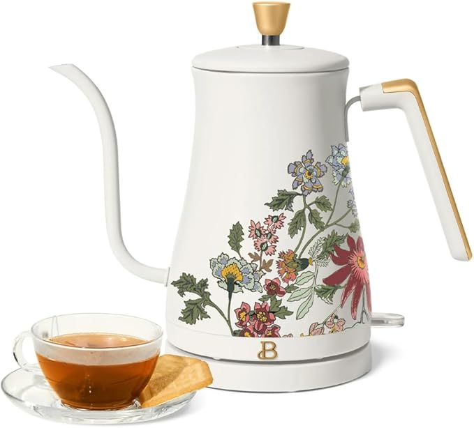 Beautiful 1L Electric Gooseneck Kettle, Precision Pour Spout, 1200W Fast Boil, Auto Shut-Off, Cordless, Stainless Steel, Tea & Coffee Maker with Ergonomic Handle, Wildflower White Icing