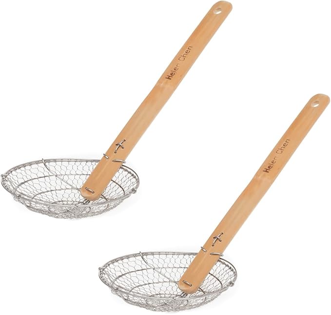 Helen’s Asian Kitchen Spider Strainer | Compact 5-Inch Bamboo Wire Mesh Ladle with Handcrafted Handle for Precision Cooking and Small Portions