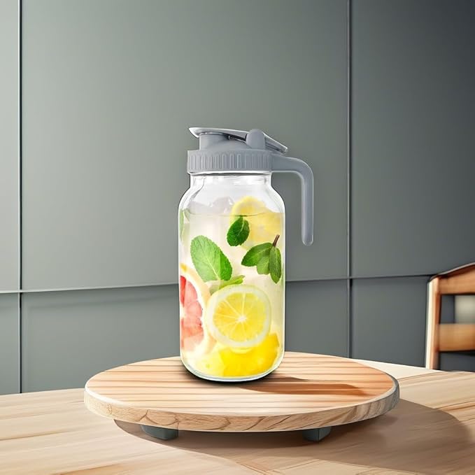 Glass Mason Jar Pitcher, 64 oz Wide Mouth Jug with Pour Spout Handle Lid for Cold Brew Coffee, Ice Beverage, Iced Juice, Lemonade, Sun Tea, Fruit Drinks Container