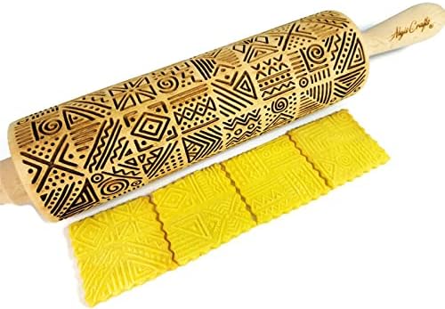 AFRICA Embossing Rolling Pin Dogh Roller with Tribal Pattern for Embossed Cookies and Pottery by Algis Crafts