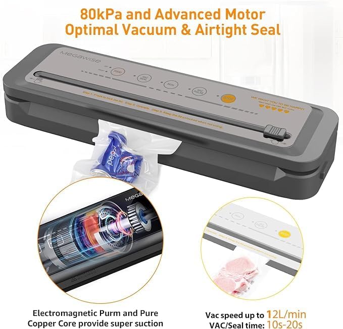 MegaWise Vacuum Sealer Machine – 2023 New Version, 80kPa Suction Power, One-Touch Automatic Operation, Compact Design with Built-in Cutter, Includes Vacuum Bags, Ideal for Food Storage (Silver)
