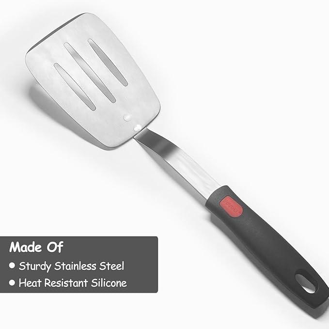Stainless Steel Spatula Turner, Slotted Metal Spatula for Kitchen Use,VOVOLY Heavy Duty Cooking Turner, Wide Blade with Beveled Edge and Heat Resistant Silicone Handle, Dishwasher Safe