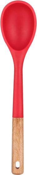 Large Silicone Cooking Spoons, Nonstick Solid Wooden Handle Spoon, Heat Resistan Silicone Kitchen Spoons for Cooking, Serving, Basting, Mixing, 13.2inch (RED)