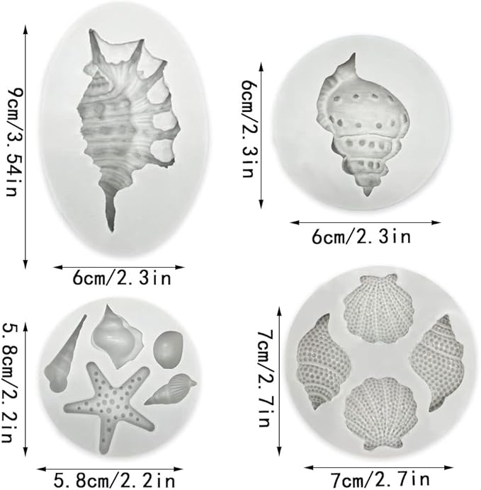 4 PCS Marine Theme Cake Fondant Silicone Mold Seashell Conch Starfish Baking Molds for DIY Cake Decoration Chocolate Candy Polymer Clay Crafting Projects