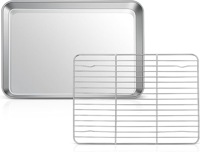 10.4 Inch Baking Sheet Pan with Rack Set, Joyfair Stainless Steel Toaster Oven Pans Tray & Cooling Racks for Cookie/Jelly Roll/Bacon/Meat, Commercial Metal & Rust-free, Dishwasher Safe