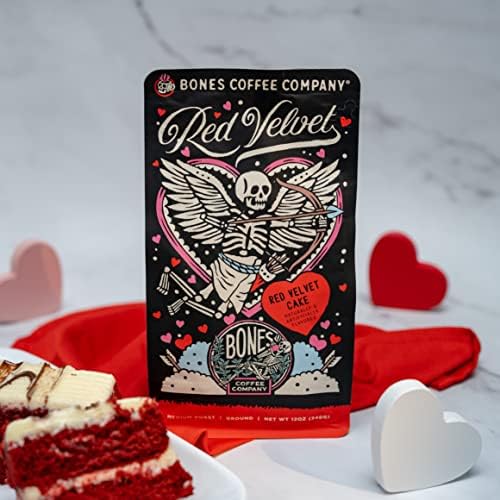 Bones Coffee Company Red Velvet, Red Velvet Cake Flavored Coffee, Medium Roast Low Acid Arabica Beans Compatible with Auto drip and French Press Coffee Maker, 12 Oz Whole Bean