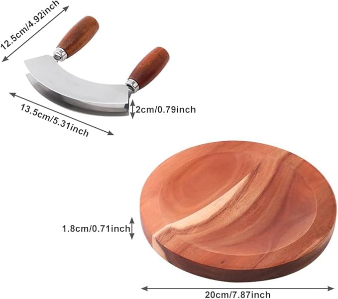 MEZZALUNA KNIFE AND CUTTING BOARD – Double Blade herb chopper ULU Knife with 8 inch Recessed Board Set– For Efficient Mincing Nuts n Veggies