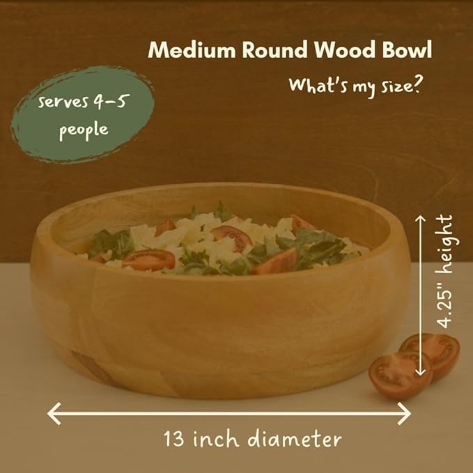Medium Salad Bowl, 13" Wide, Kitchen Countertop Fruit Bowl, Serving Dish for Pasta, Bread, Mixing Bowl, Farmhouse Style, Mango Wood, Round, Serves 4-5