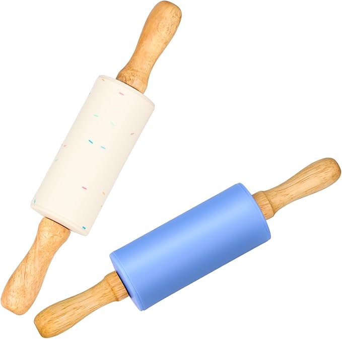 Mini Silicone Rolling Pin for Kids, Non-stick Surface Wood Handle, 9 Inch 2 Pack