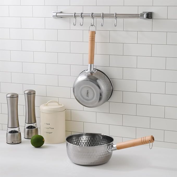 2 Quart Stainless Steel Pot With Glass Lid. Traditional Japanese Saucepan Wth Wood Handle, Multipurpose Sauce Pan With Two Side Pour Spouts & Measurement Line, Great for Ramen, Milk etc.