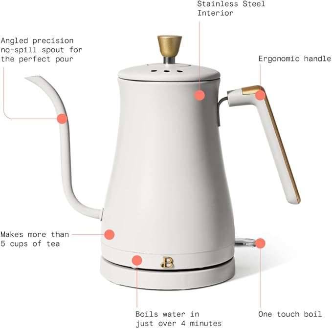Beautiful 1L Electric Gooseneck Kettle, Precision Pour Spout, 1200W Fast Boil, Auto Shut-Off, Cordless, Stainless Steel, Tea & Coffee Maker with Ergonomic Handle, Matte Finish, White Icing