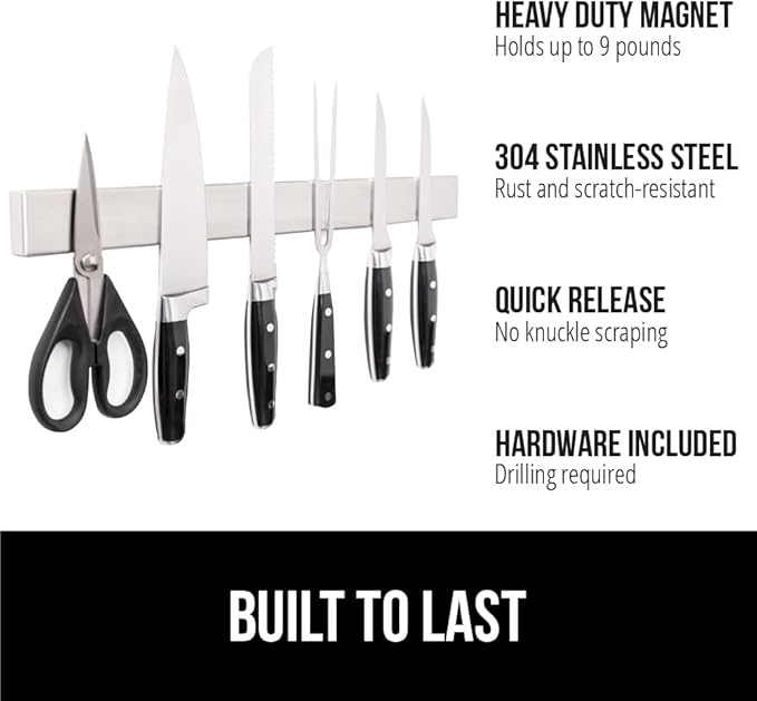 GORILLA GRIP Stainless Steel Magnetic Knife Holder for Wall, 14 Inch, Multi-Purpose Magnet Bar for Knives, Tools, Art Supplies, Heavy Duty Strip Holds Up to 6 lbs, Kitchen Organizer, Drilling Required