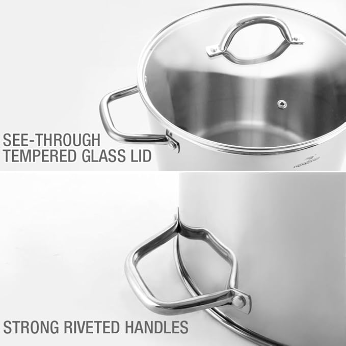 HOMICHEF 12 Quart LARGE Stock Pot with Glass Lid - NICKEL FREE Stainless Steel Healthy Cookware Stockpots with Lids 12 Quart - Mirror Polished Induction Pot - Commercial Grade Soup Cooking Pot