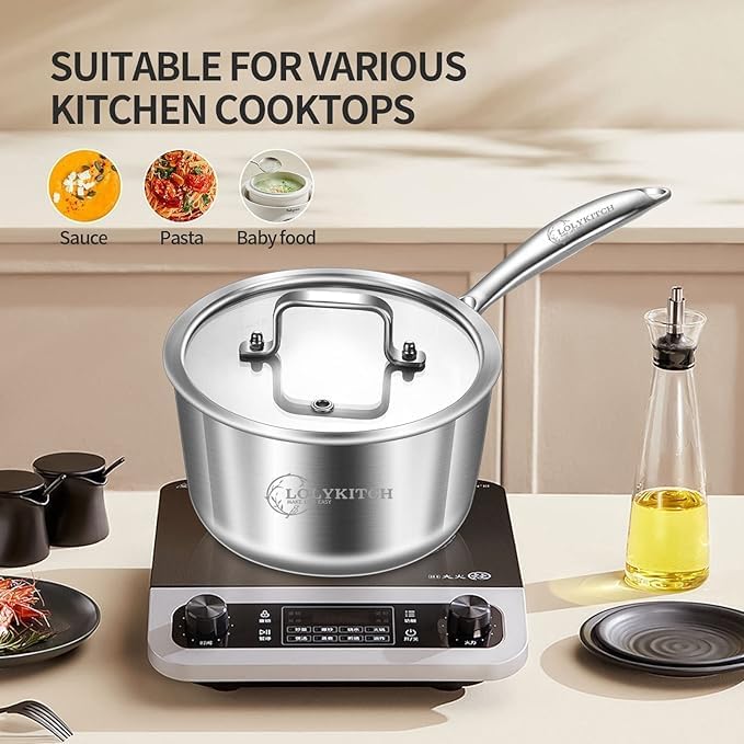 LOLYKITCH Tri-Ply Stainless Steel Saucepan Set-1QT & 2QT with Lids,Induction Sauce Pots,Pots and Pans Set,Oven and Dishwasher Safe.