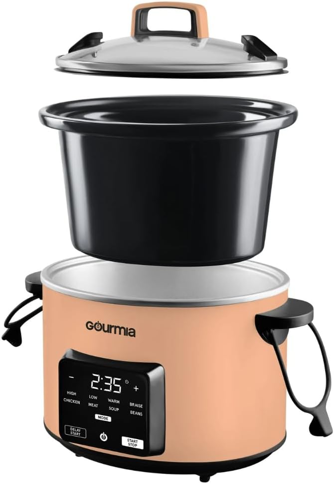 Gourmiia 4.5 Qt Programmable Slow Cooker with 5 Presets, Slow Cook, Digital Timer, Keep Warm Function, Nonstick Interior, Dishwasher Safe (Peach)